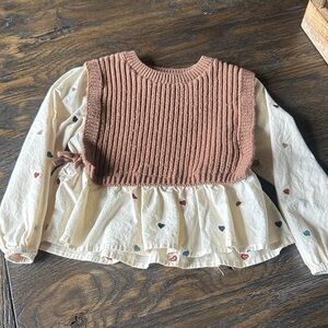 Zara Cream Heart-Print Blouse with Brown Knit Cropped Vest
